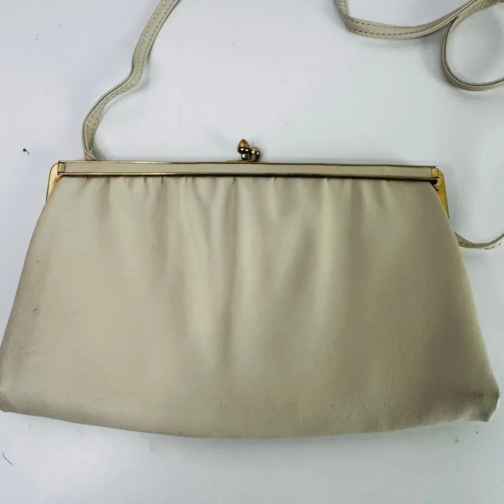 Vintage Andre Clasp Clutch Handbag Purse 1960s Cream Crossbody Gold  Leather
